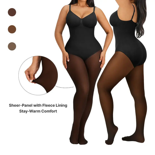 Seamless Full Body Shaper with Fleece Lined Fake Translucent Tights