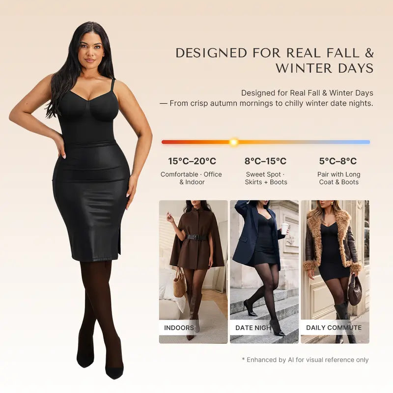 Seamless Full Body Shaper with Fleece Lined Fake Translucent Tights