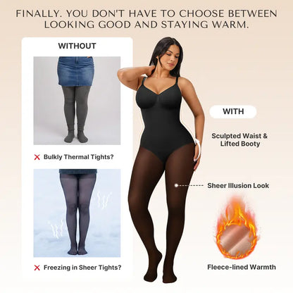 Seamless Full Body Shaper with Fleece Lined Fake Translucent Tights