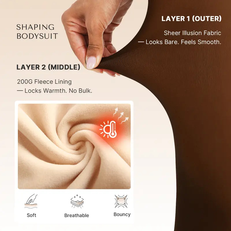 Seamless Full Body Shaper with Fleece Lined Fake Translucent Tights