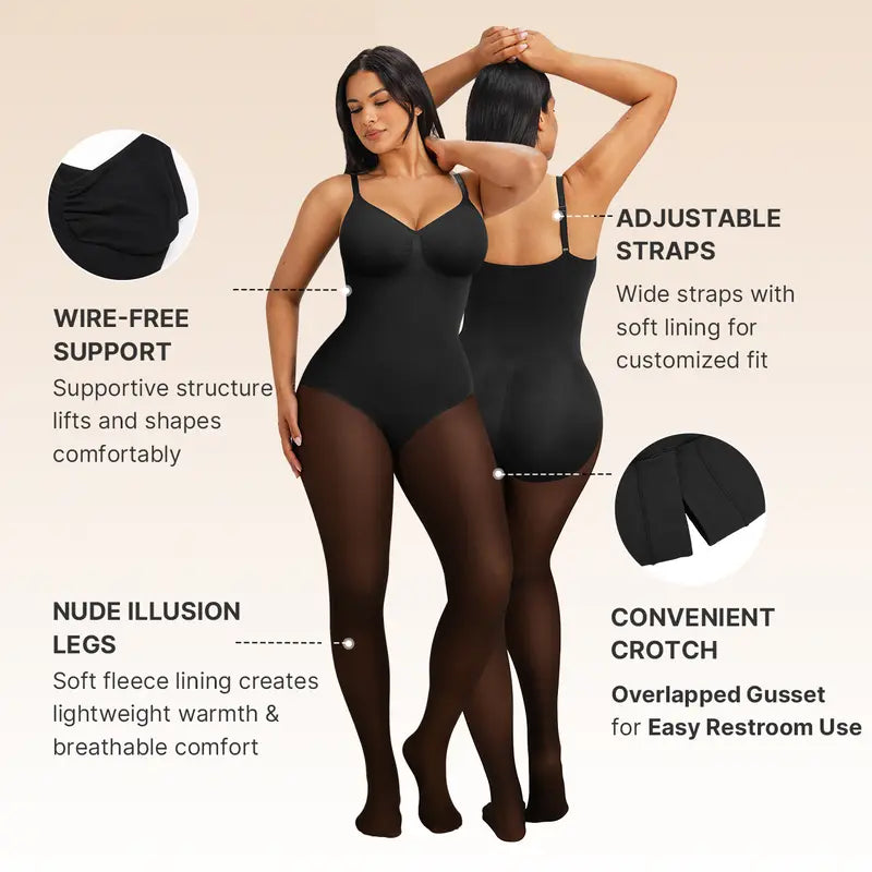 Seamless Full Body Shaper with Fleece Lined Fake Translucent Tights