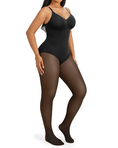 Seamless Full Body Shaper with Fleece Lined Fake Translucent Tights