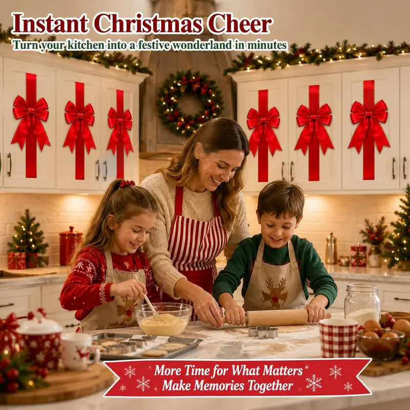 Holiday baking scene with red Christmas bows on kitchen cabinet doors
