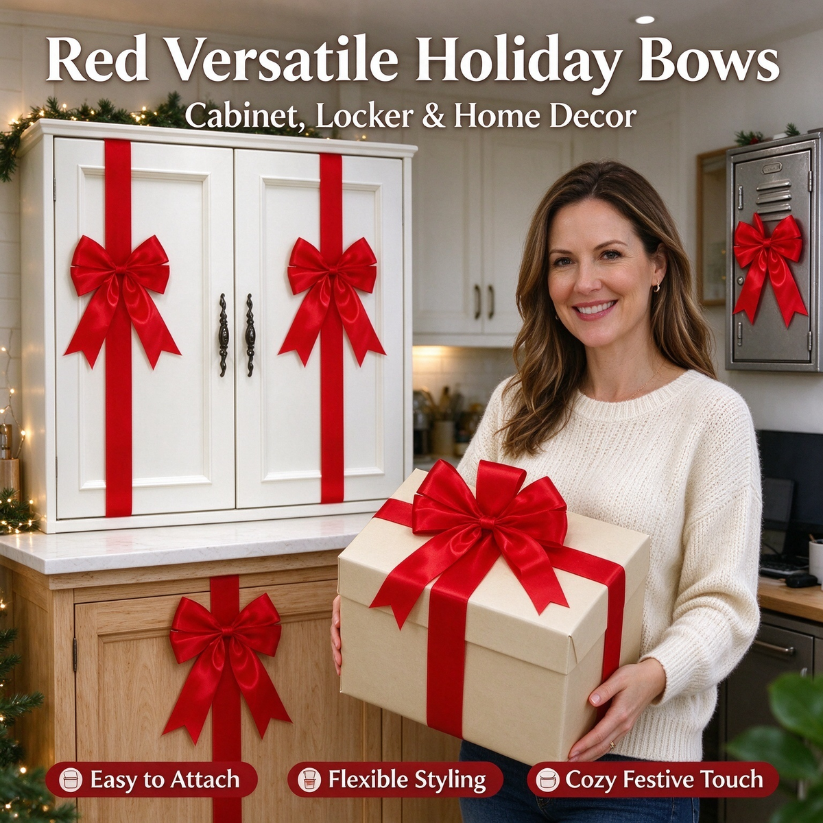 Red Christmas Cabinet Ribbons Bows for Kitchen Large Christmas Door Ribbon Cabinet Bows Locker 🎀🎄