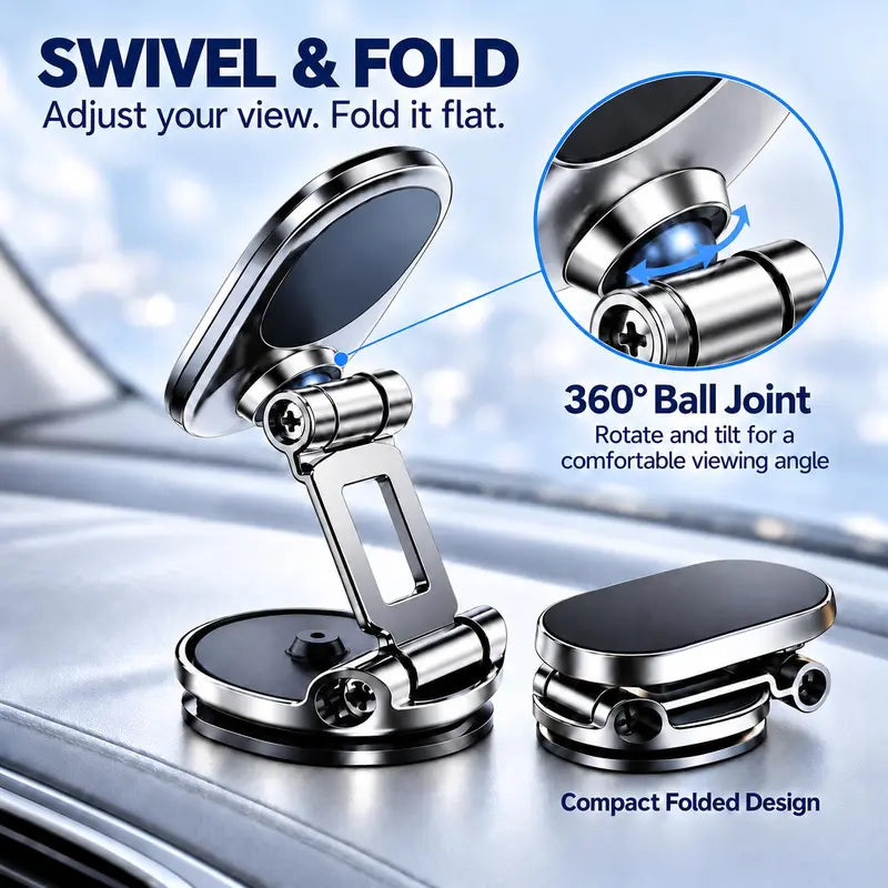 Silver magnetic car phone mount shown open and folded with adjustable swivel head